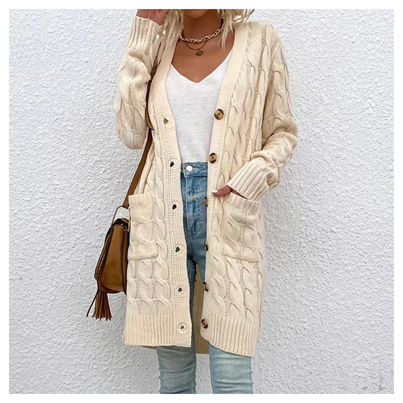 Women's Long Cable Knit Cardigan Button Down Pockets
