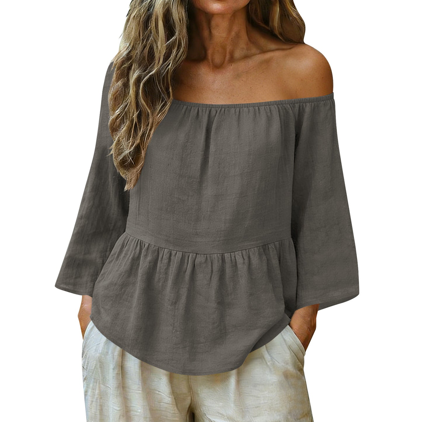 Solid Linen Blend Blouse Boho Peplum Long Sleeve Top