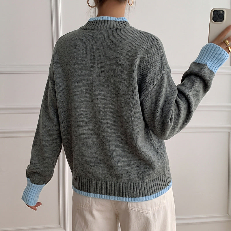 Oversized Color Block Mock Neck Pullover Sweater