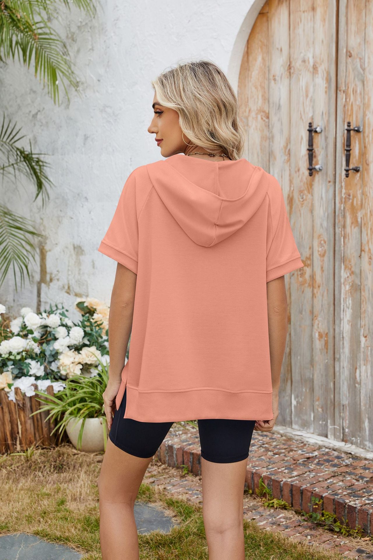 Hooded Short Sleeve Zipper Pocket Sweatshirt