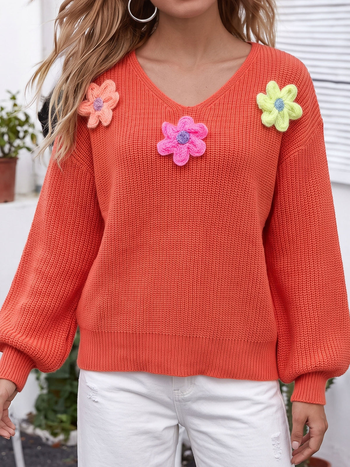 Women's Colorful Chunky Floral V Neck Knit Sweater
