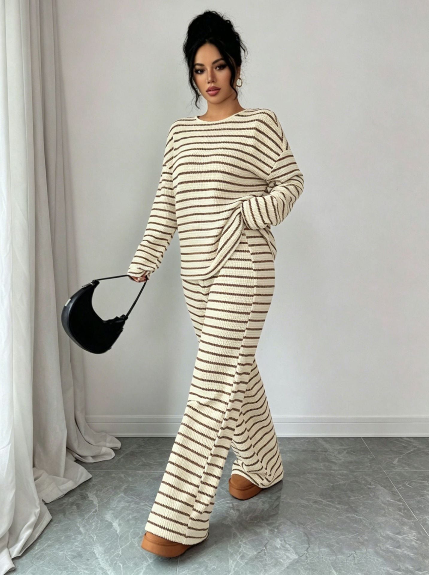 Striped Knit Jumpsuit Boutique Wide Leg Ribbed Loungewear