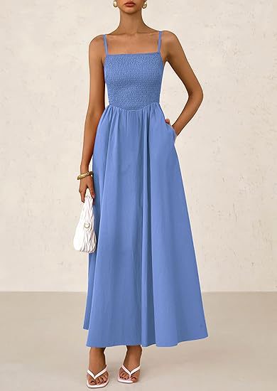Spaghetti Strap Smocked Maxi Dress with Pockets for Summer