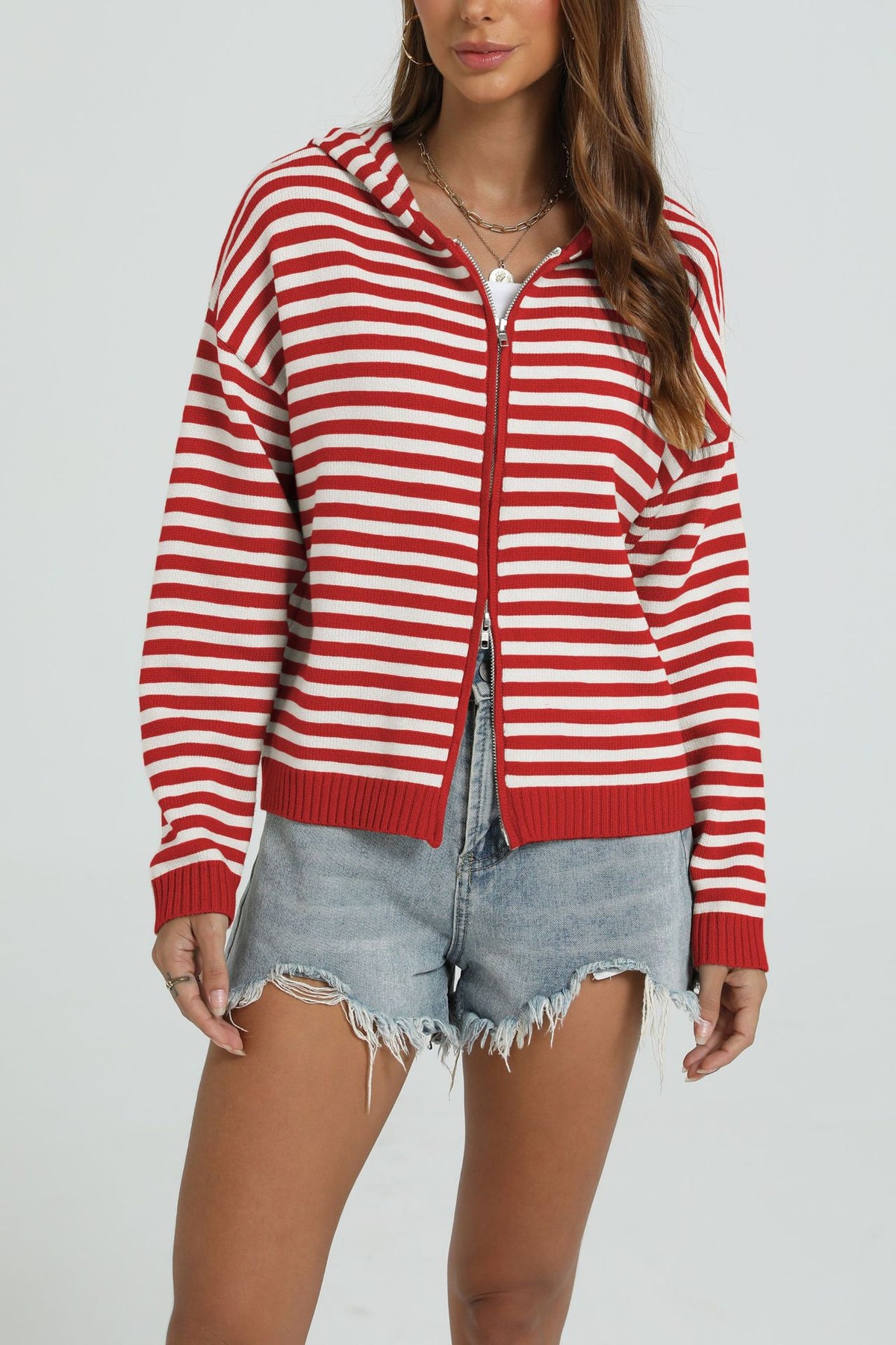 Women's Striped Hooded Zip-Up Cardigan Sweater