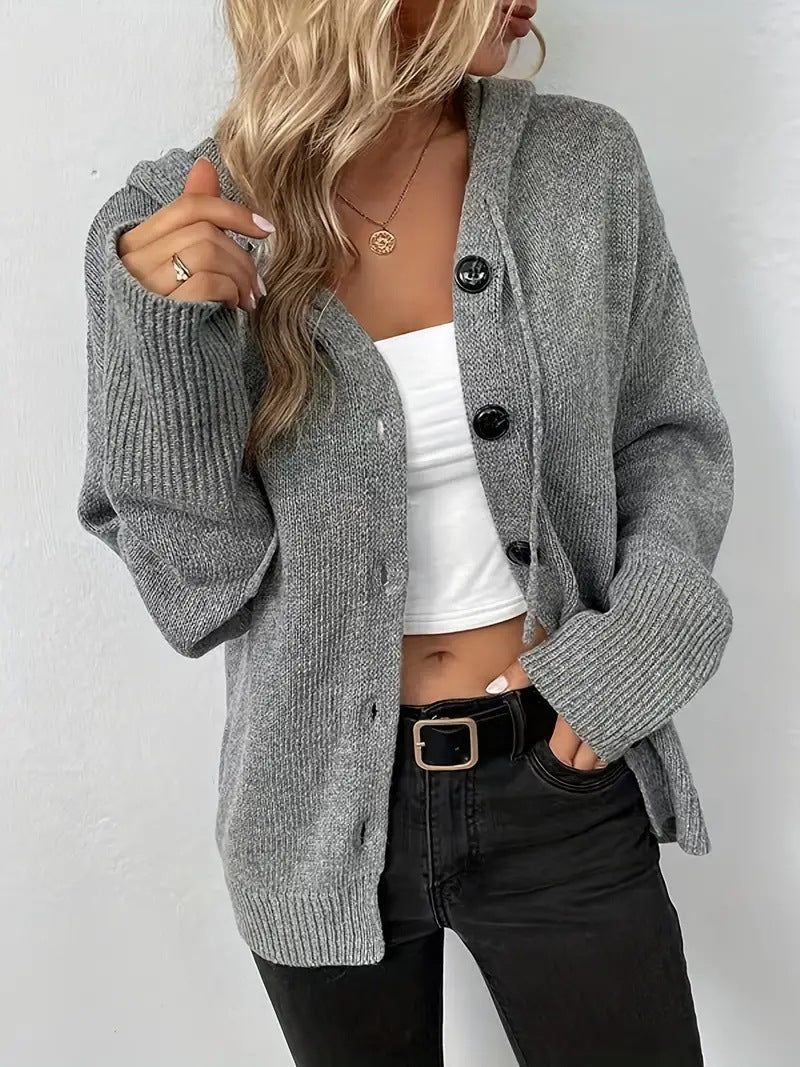 Solid Hooded Knit Cardigan Button Front Relaxed Fit