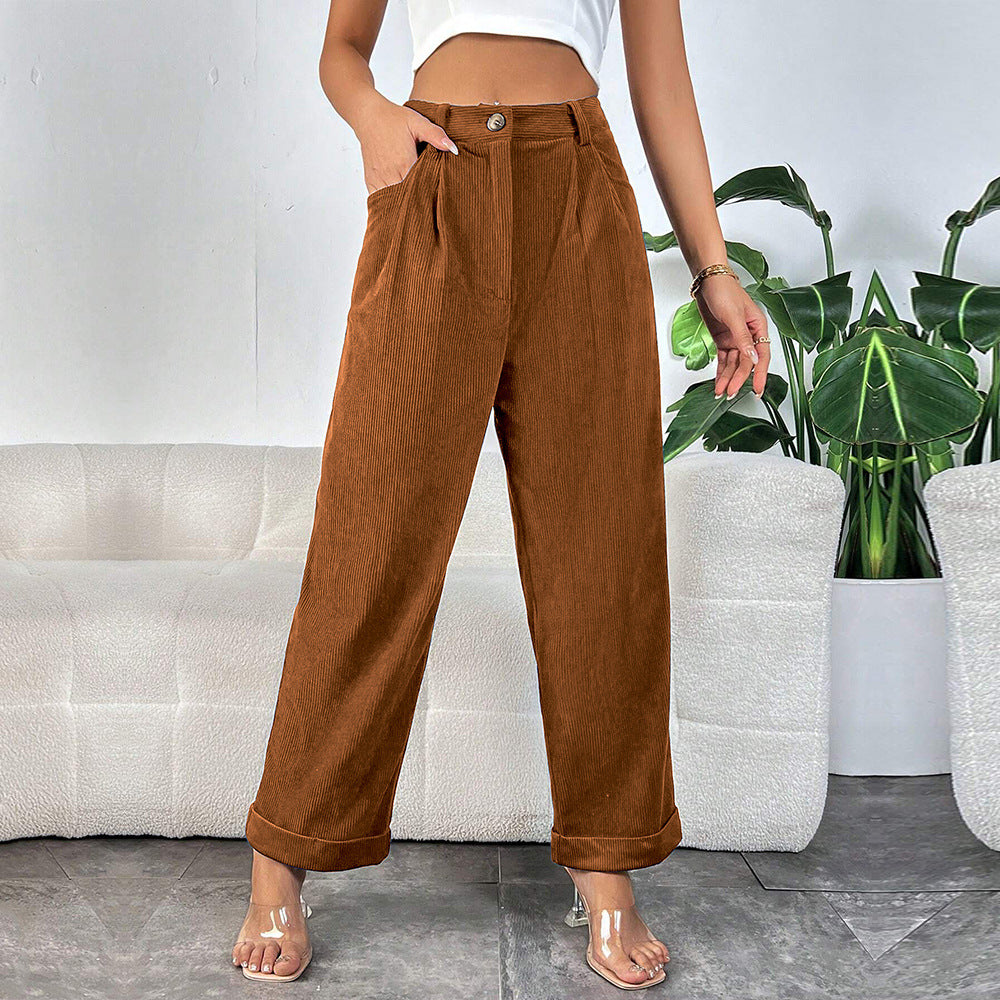 Corduroy High Waist Pleated Straight Leg Pants