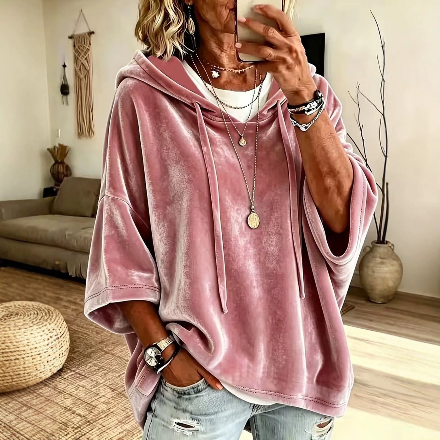 Women’s Oversized V Neck Hooded Sweatshirt 3/4 Sleeve Pullover