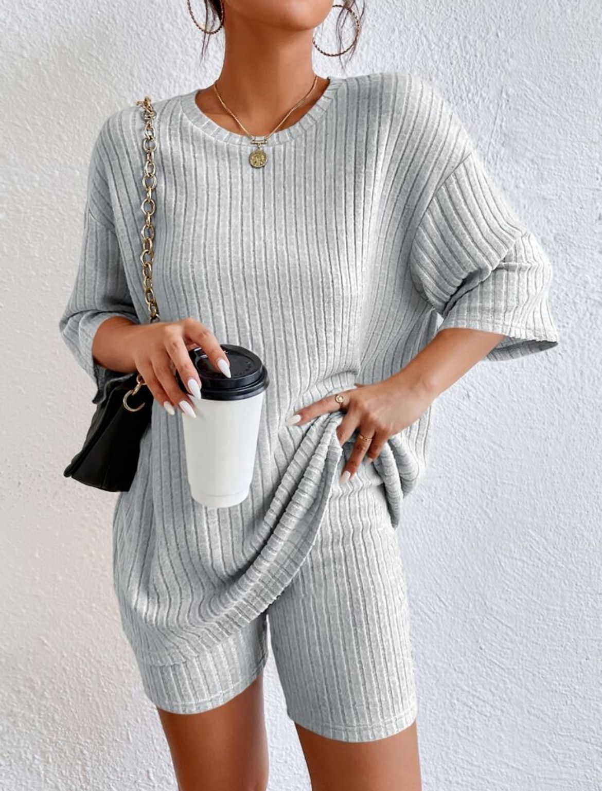 Ribbed Knit Two Piece Set Oversized Top & Biker Shorts