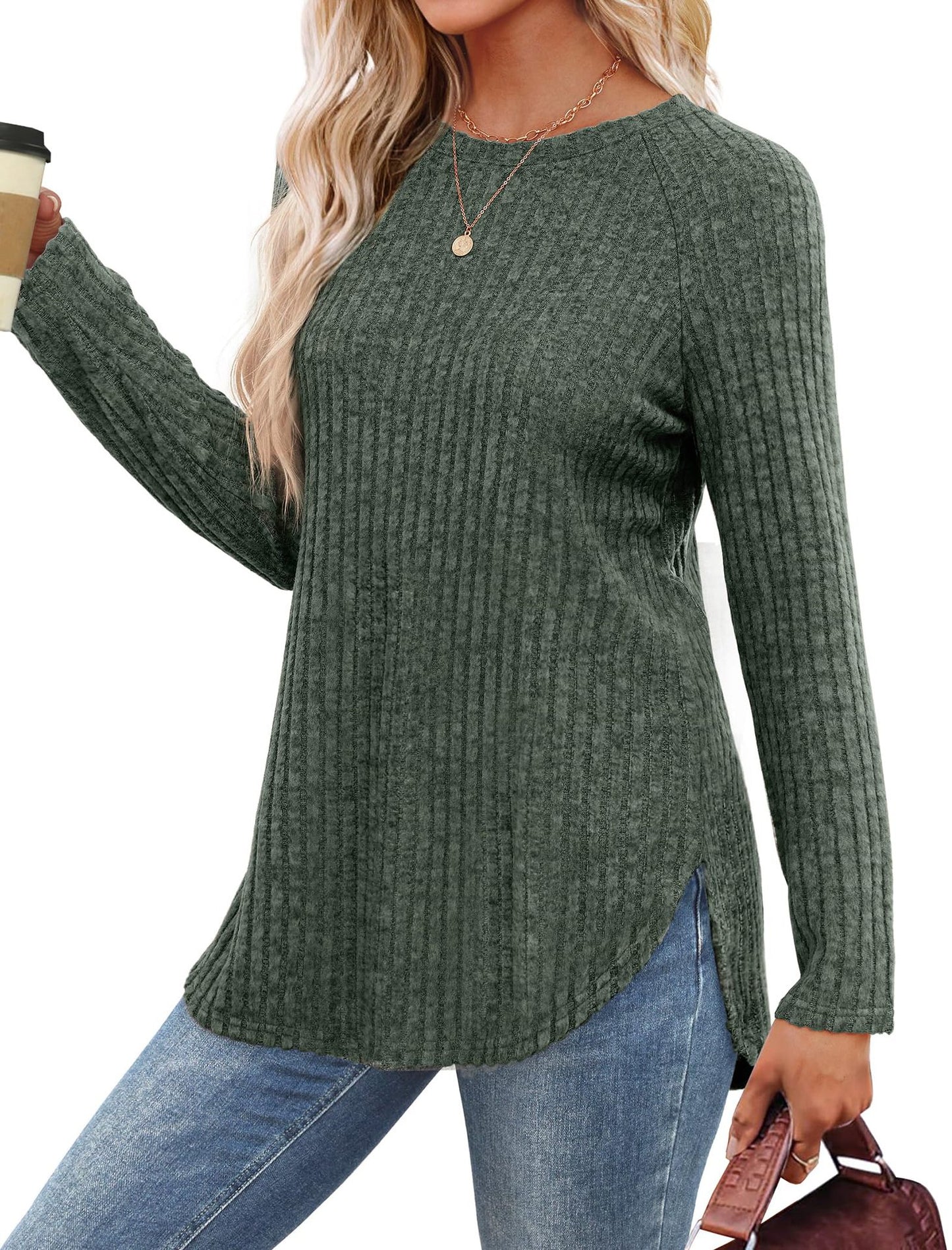 Solid Ribbed Knit Tunic Top Curved Hem Long Sleeve
