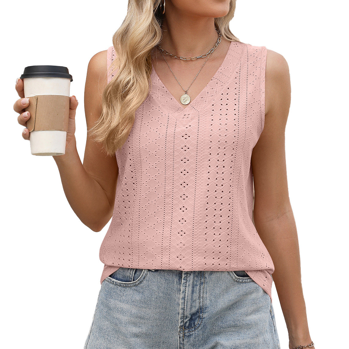 Eyelet V-Neck Sleeveless Cotton Tank Top for Women