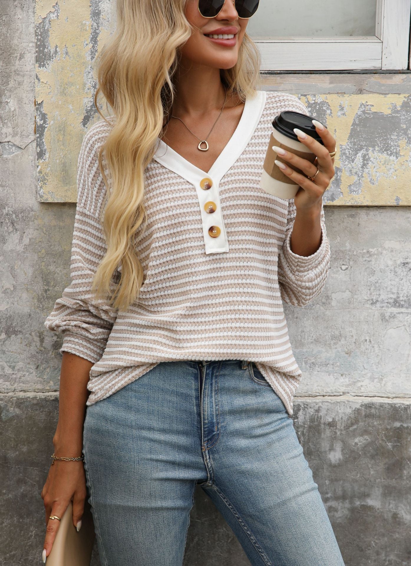 Striped Cotton Blend Top Casual Henley V Neck Tunic
