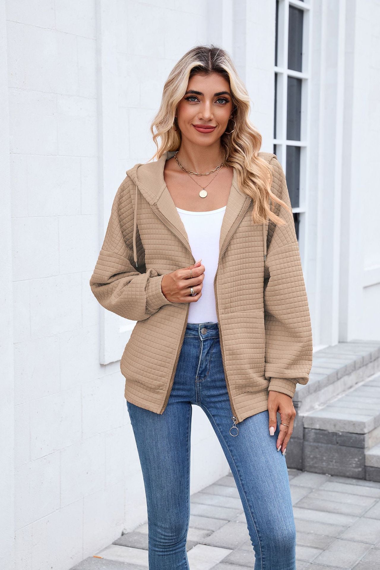 Quilted Zip-Up Hoodie Jacket | Casual Long Sleeve Sweatshirt