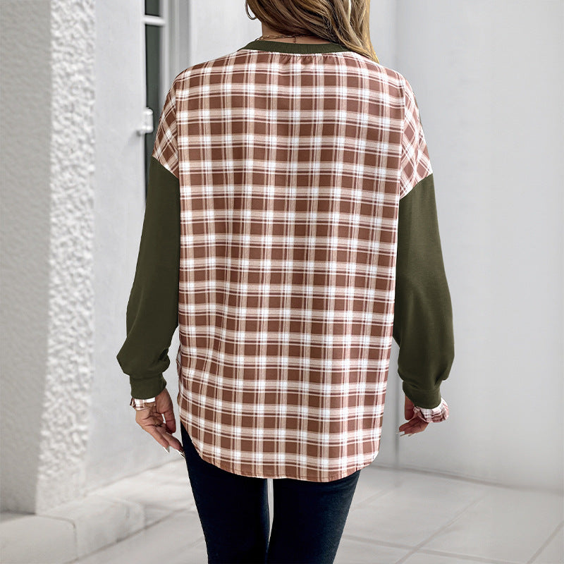Plaid Patchwork Pullover Sweatshirt Layered Look Tops