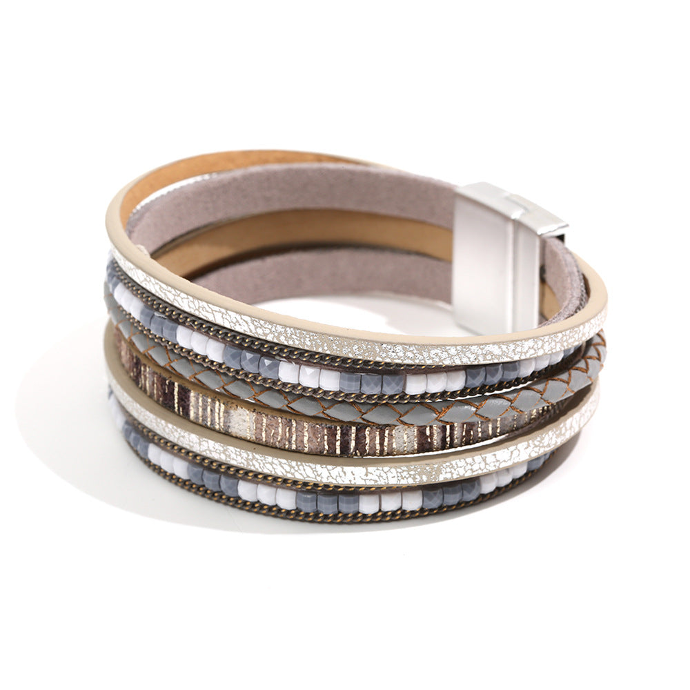 Boho Multi Layer Leather Wrap Bracelet with Magnetic Clasp