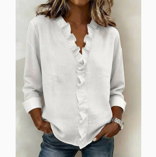 Ruffle Trim V Neck Long Sleeve Button Blouse