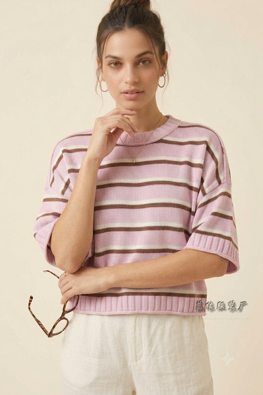 Women's Oversized Striped Short Sleeve Crewneck Sweater