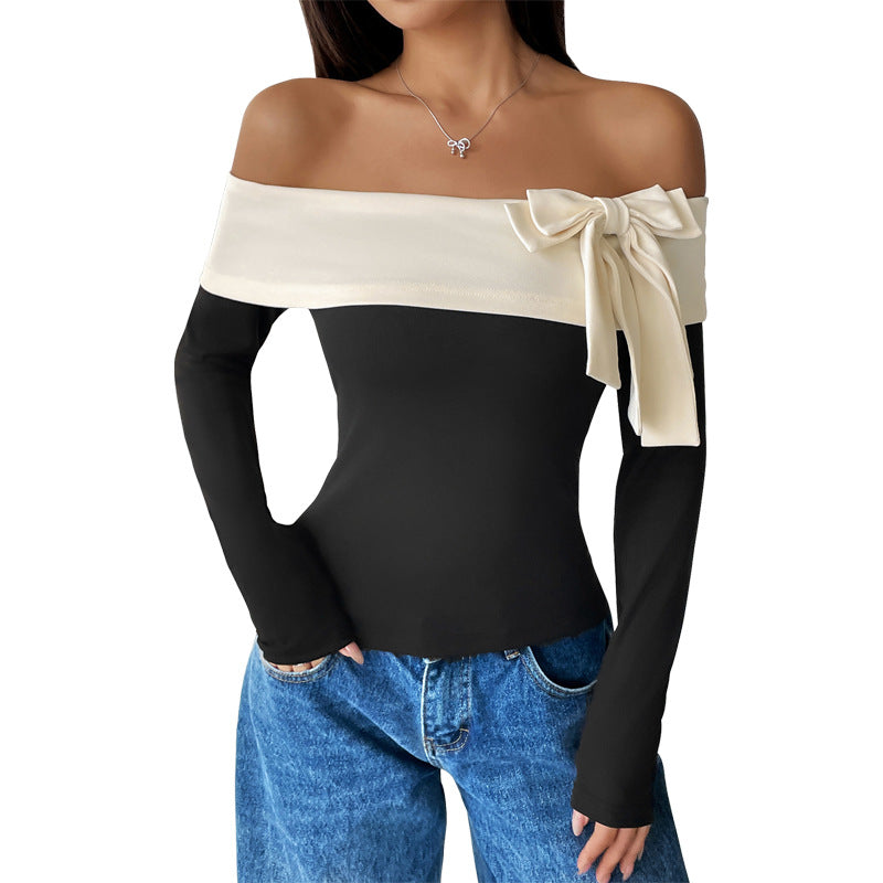 Off Shoulder Bow Tie Contrast Slim Fit Long Sleeve Top