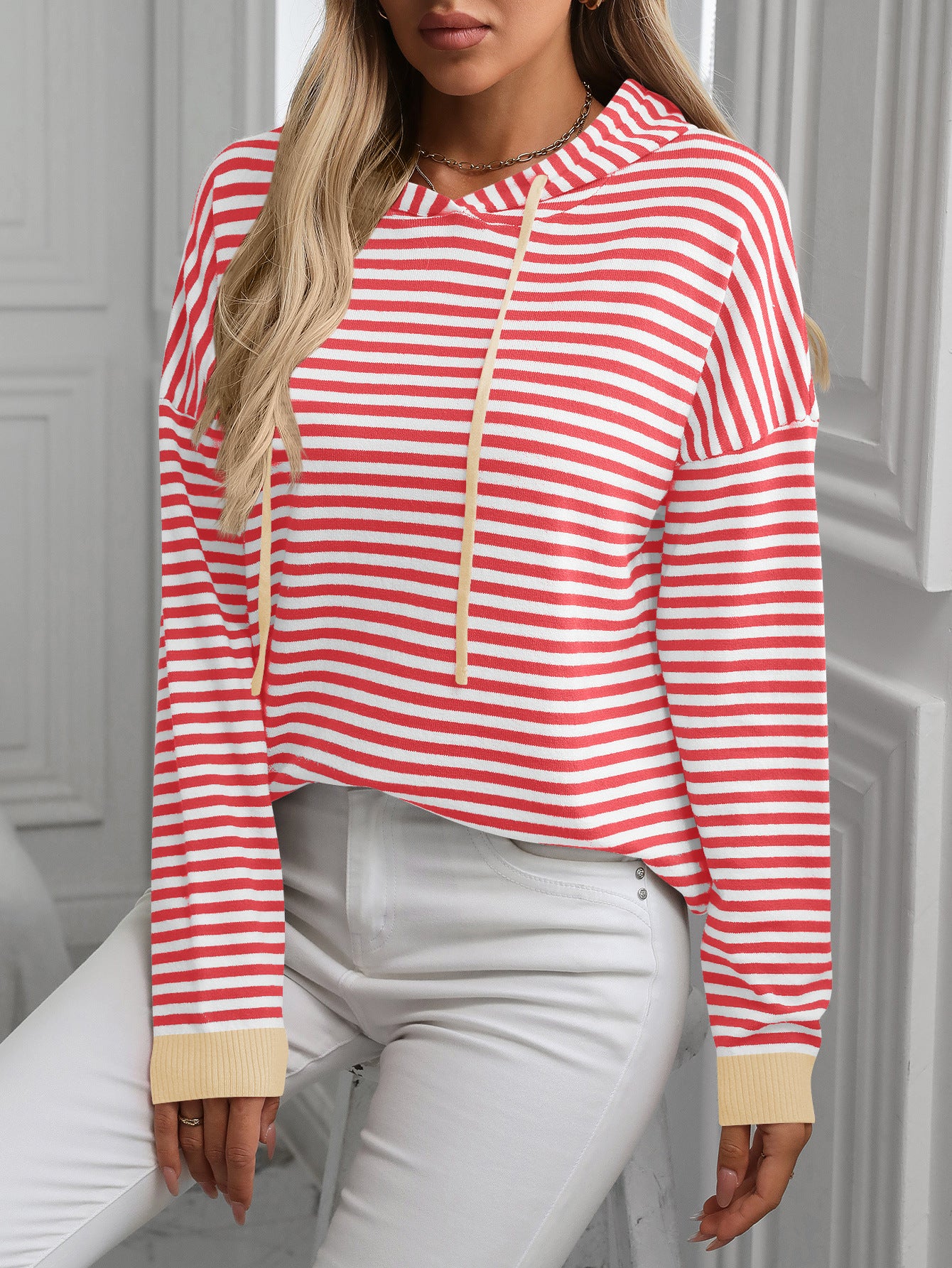 Women's Striped Contrast Long Sleeve Casual Sweater Hoodie