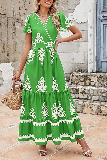V Neck Floral Print Maxi Dress with Short Sleeves and Pockets