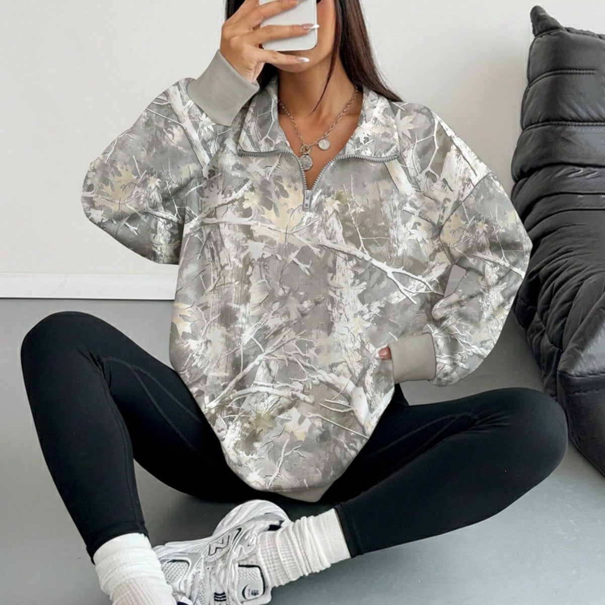 Oversized Woodland Camo Half Zip Pullover Sweatshirt