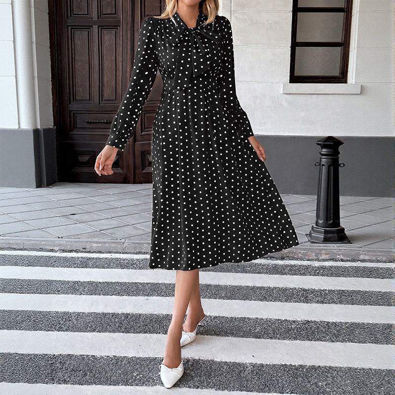 Polka Dot Bow Tie Neck Dress Long Sleeve Vintage Midi