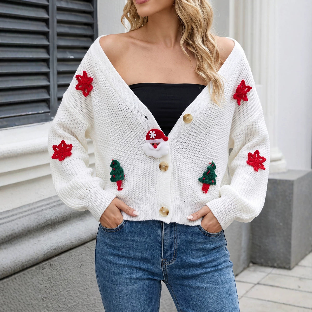 Women's Christmas Cardigan 3D Crochet Santa Tree Button Up