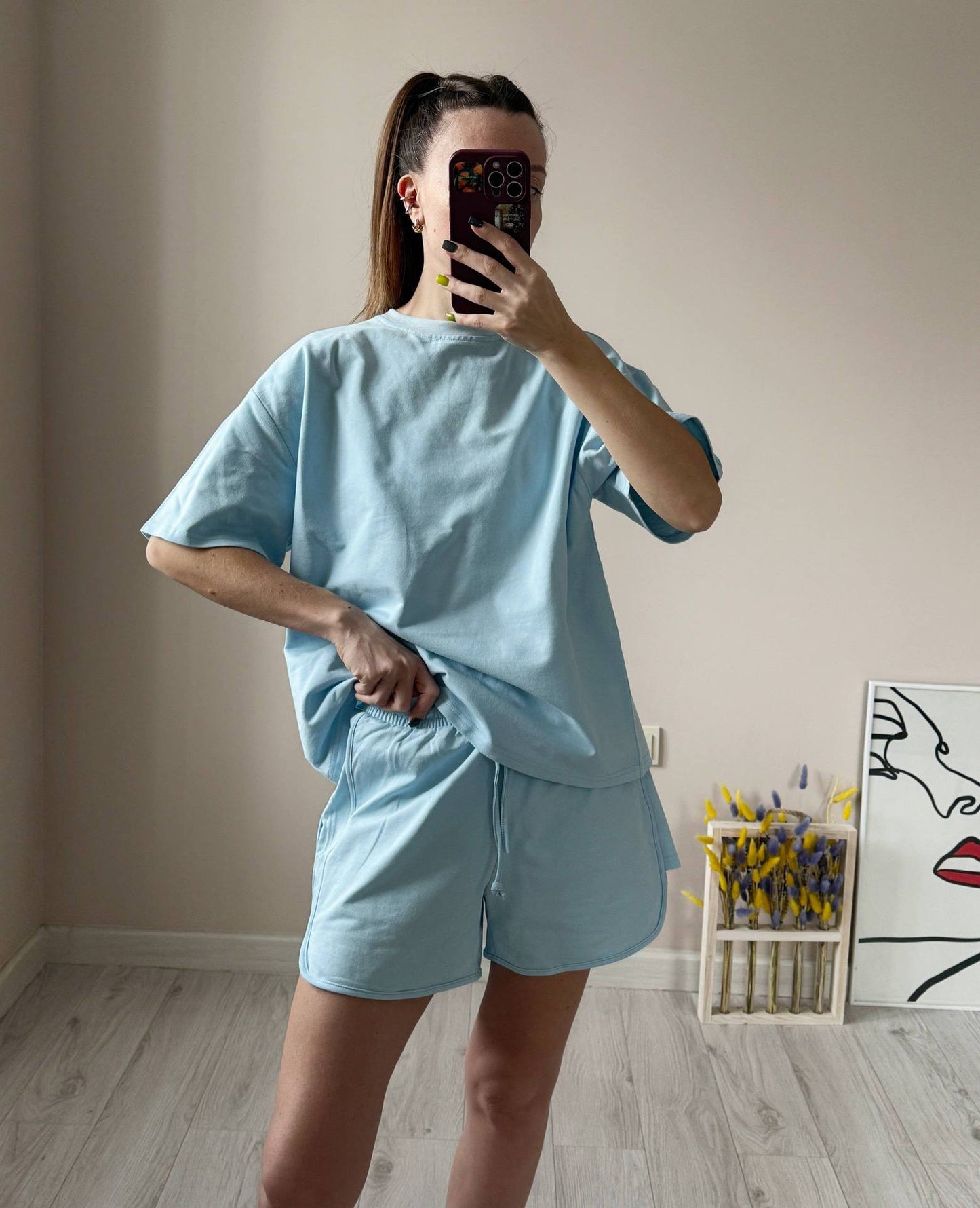 Two Piece Shorts Set, Oversized Tee & Drawstring Shorts