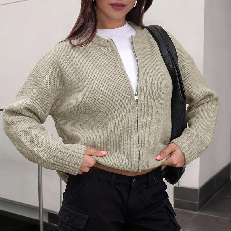 Zip Up Knit Cardigan Relaxed Fit Long Sleeve Sweater