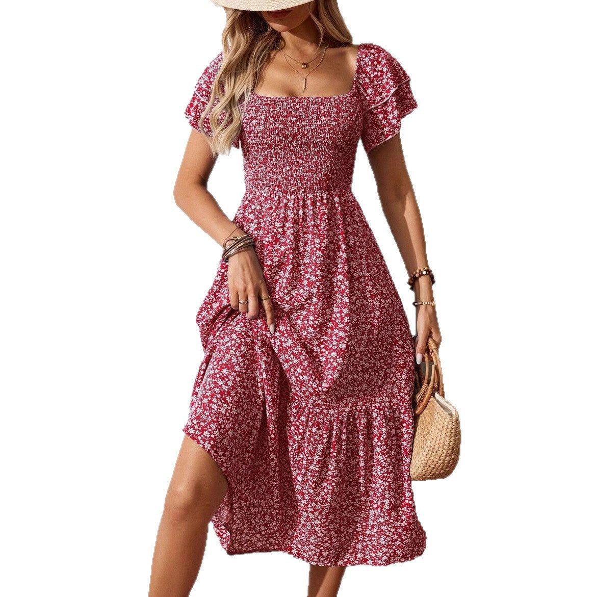 2026 Summer Square Neck Floral Dress for Women, Smocked