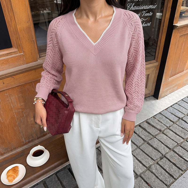 Solid Knit Sweater V Neck Pointelle Sleeve Slim Fit