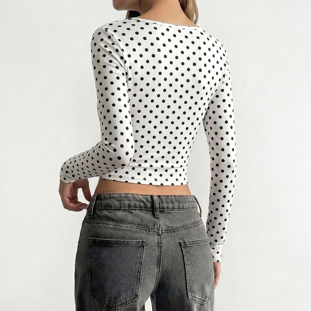 Women's Square Neck Polka Dot Long Sleeve Crop Top