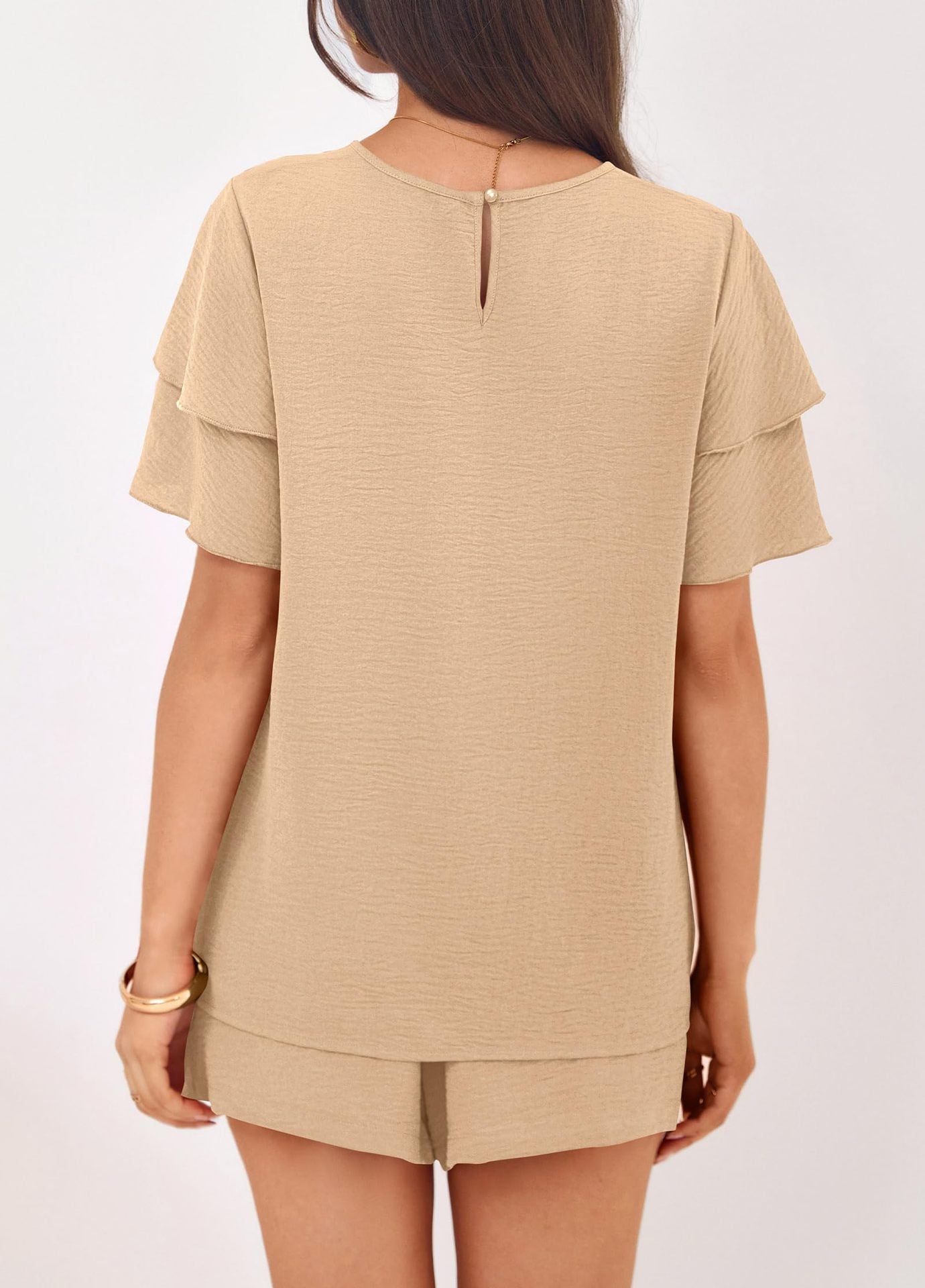 Casual Solid Ruffle Sleeve Short Set Lounge Outfit