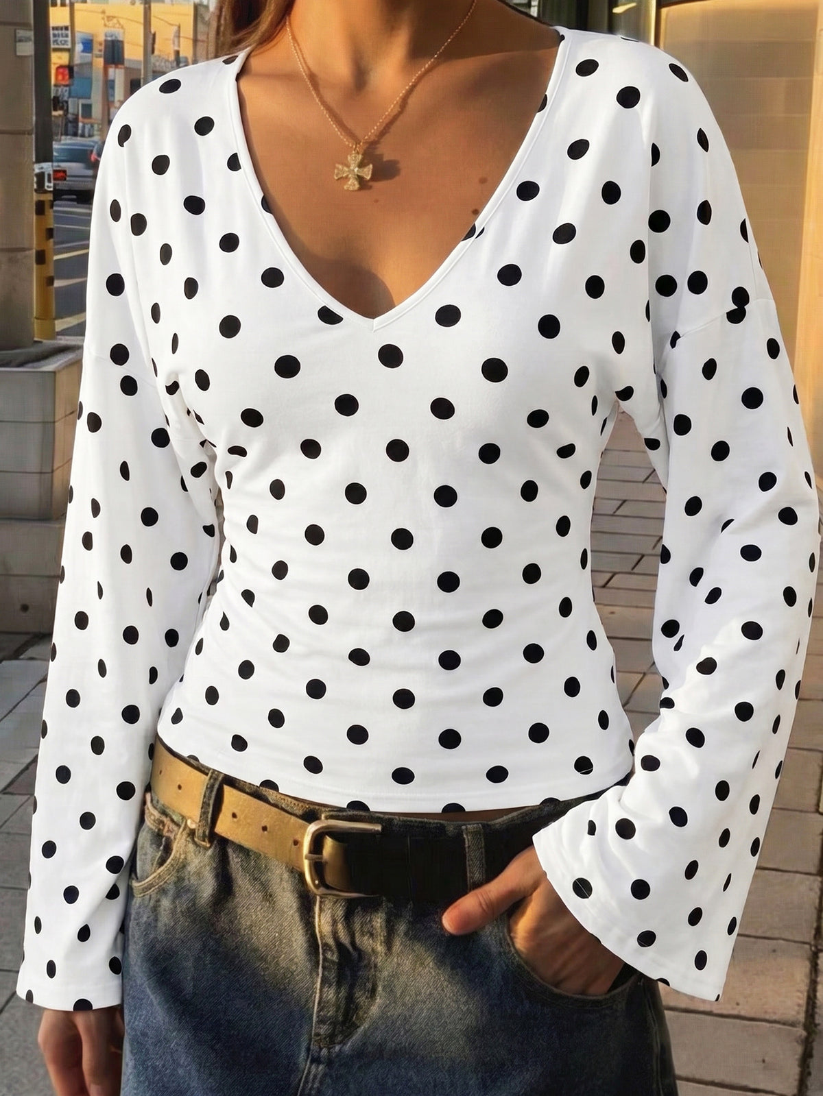 Women's Polka Dot Wrap V Neck Flare Sleeve Blouse