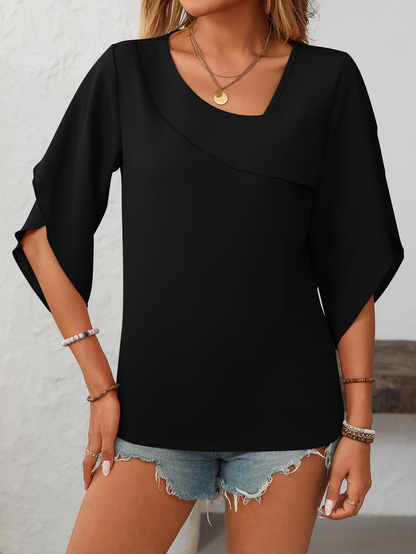 Women's Ruffled Split Sleeve V-Neck Casual Flowing Chiffon Top