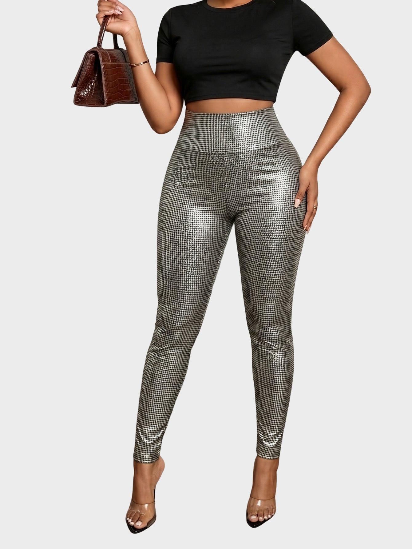 Metallic Faux Leather Leggings High Waist Slim Fit Trendy
