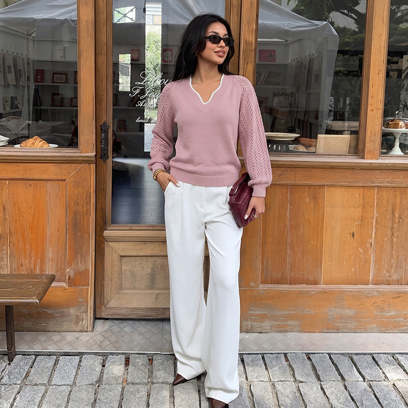 Solid Knit Sweater V Neck Pointelle Sleeve Slim Fit
