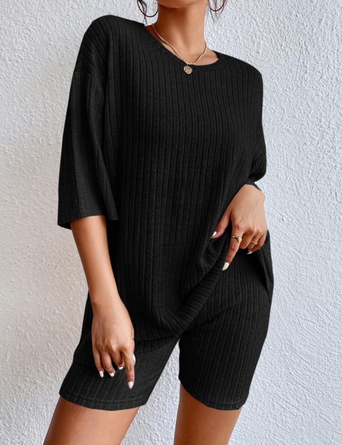 Ribbed Knit Two Piece Set Oversized Top & Biker Shorts