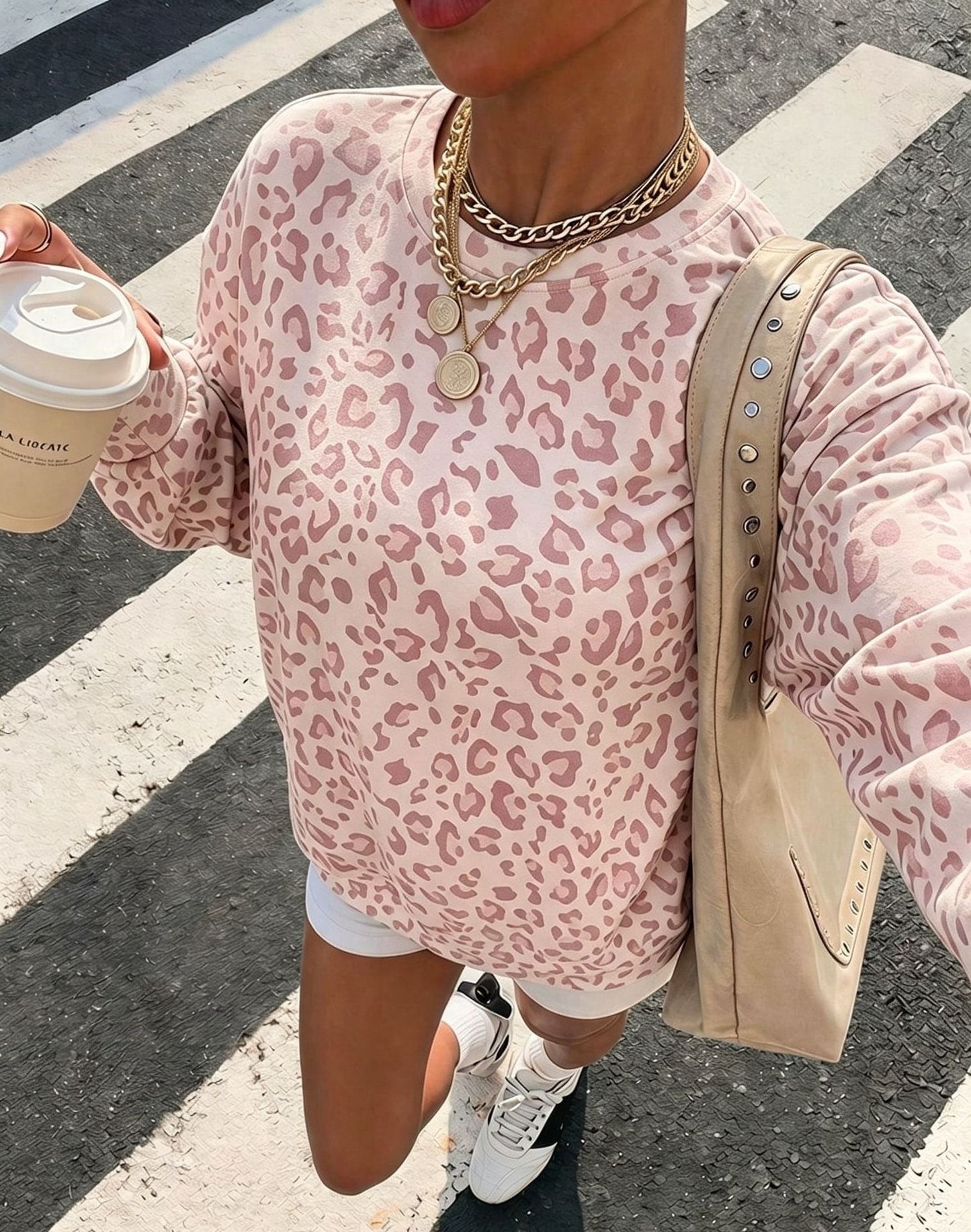 Leopard Print Graphic Oversized Casual Pullover Sweatshirt