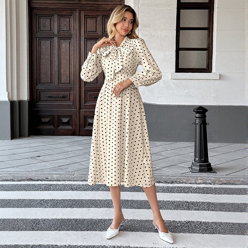 Polka Dot Bow Tie Neck Dress Long Sleeve Vintage Midi