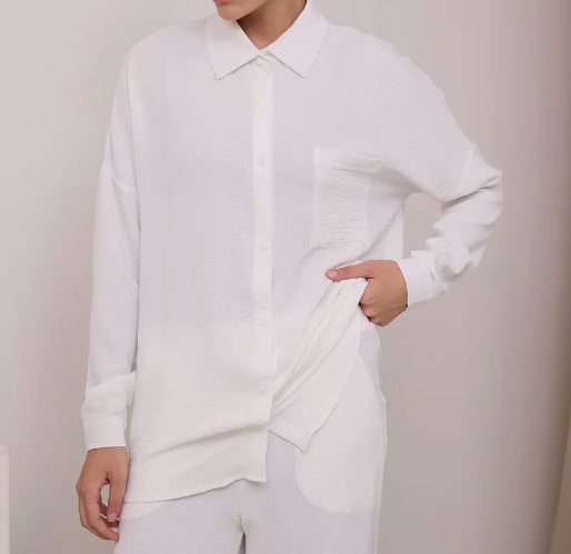 Two Piece Pants Set with Button-Down Shirt & Wide-Leg Pants
