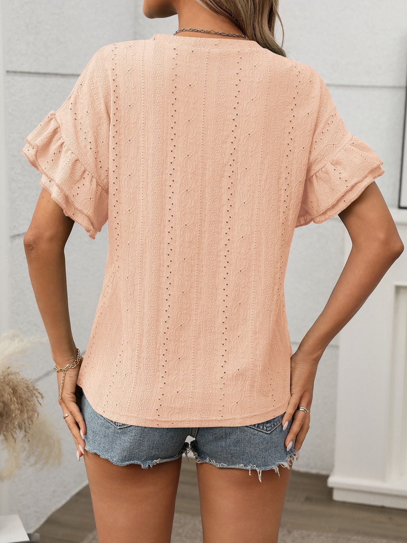 2025 summer solid color round neck lotus leaf sleeve short sleeve T-shirt top
