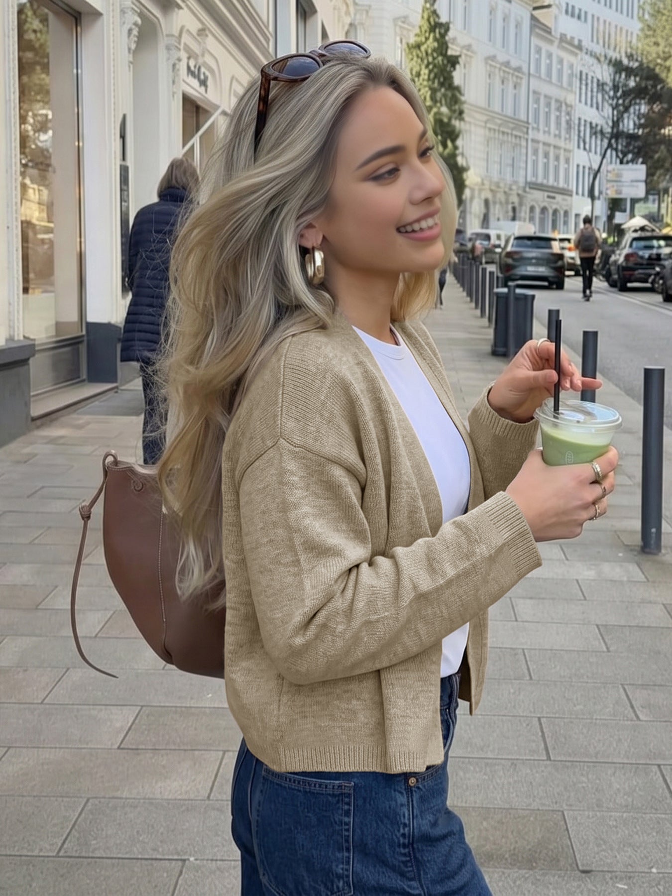 V Neck Knit Cardigan Cropped Long Sleeve Sweater Top