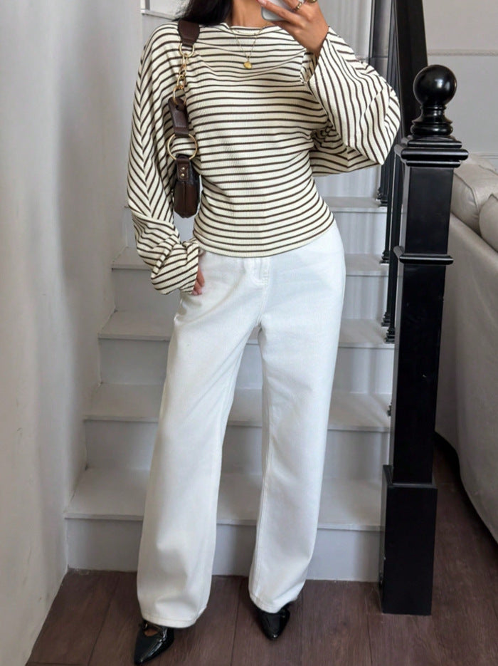 Women's Striped Batwing Waffle Knit Long Sleeve Top