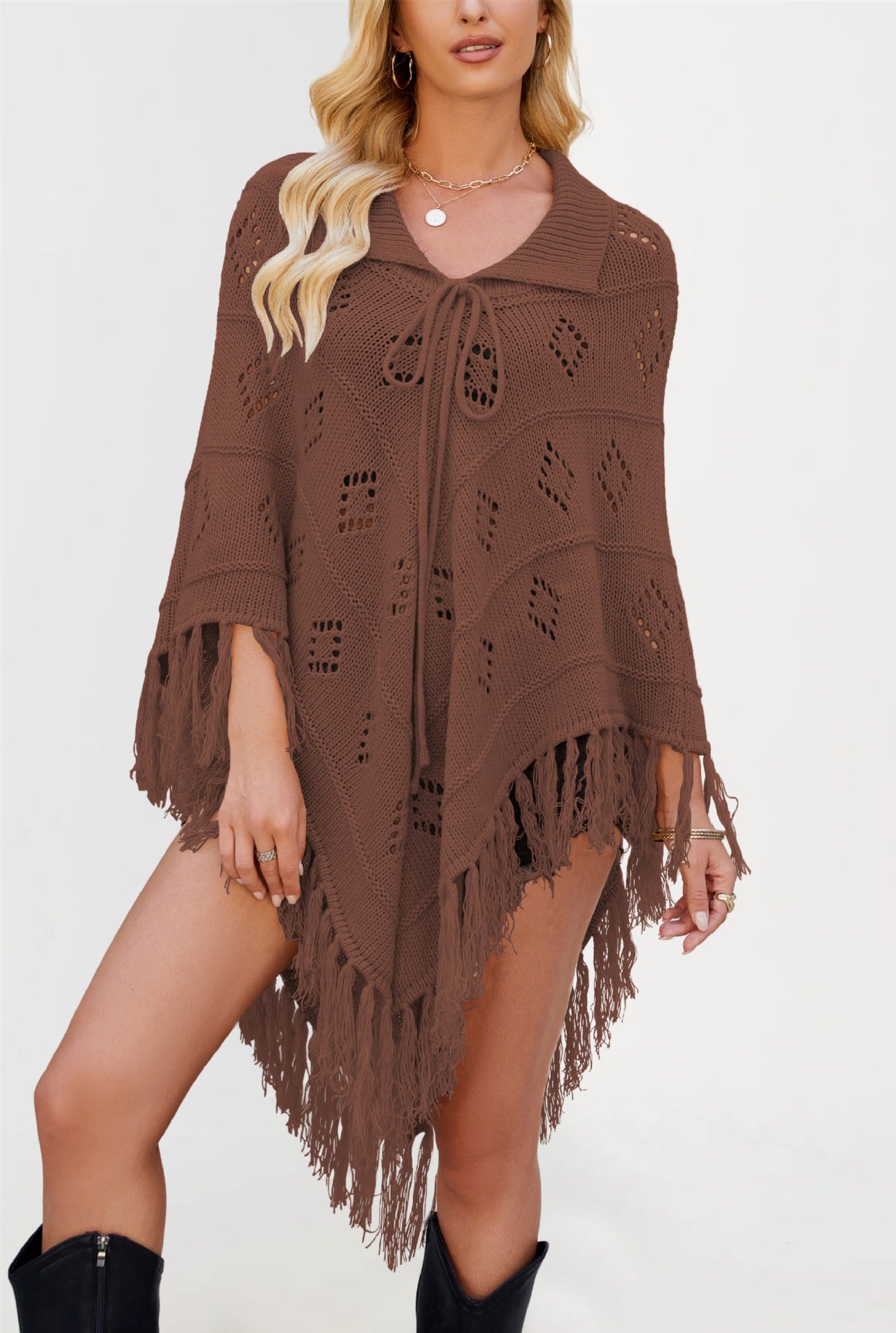 Trendy Women's Tassel Knit Poncho Sweater – Autumn Winter 2026