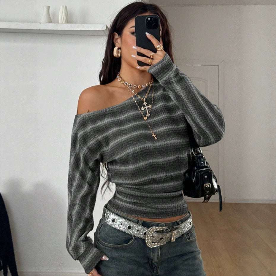 Striped Polyester Top Y2K Off Shoulder Trendy