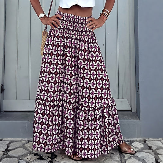 Geometric Chiffon Maxi Skirt Boho Smocked Tiered