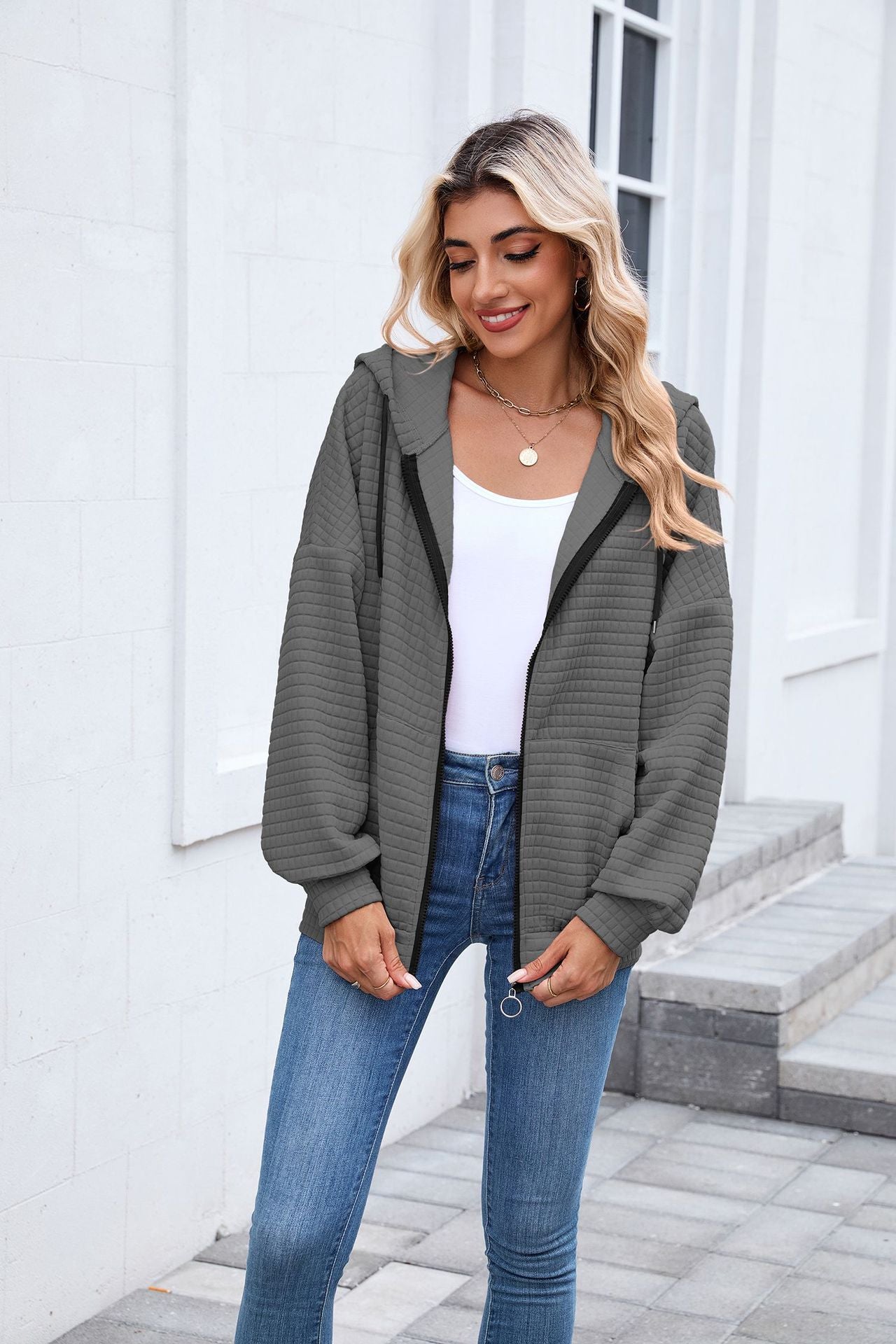 Quilted Zip-Up Hoodie Jacket | Casual Long Sleeve Sweatshirt