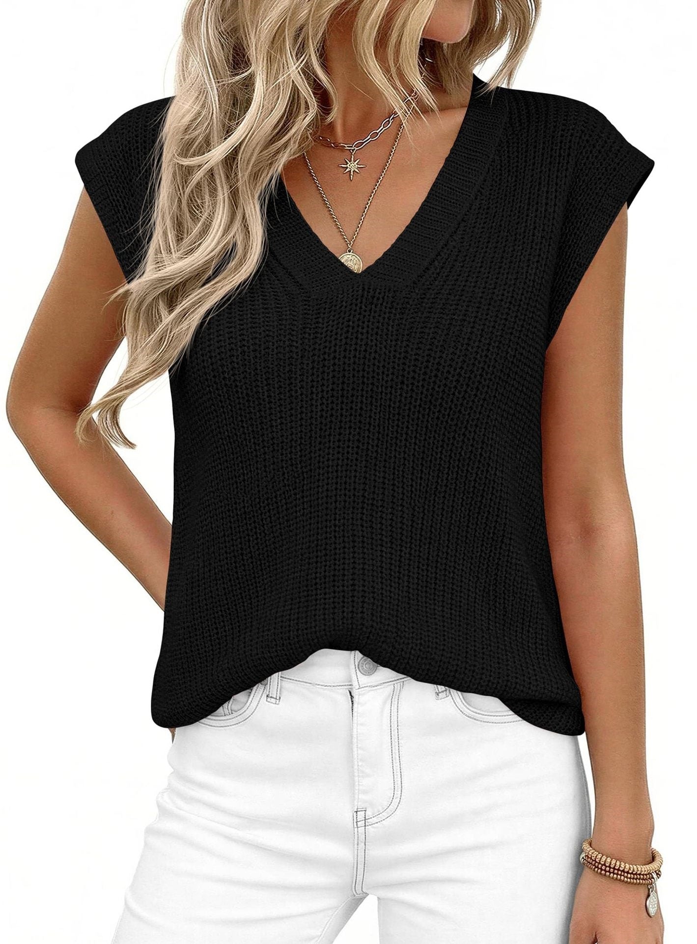 Women’s V Neck Sleeveless Knit Sweater Vest Loose Casual Summer Pullover Top