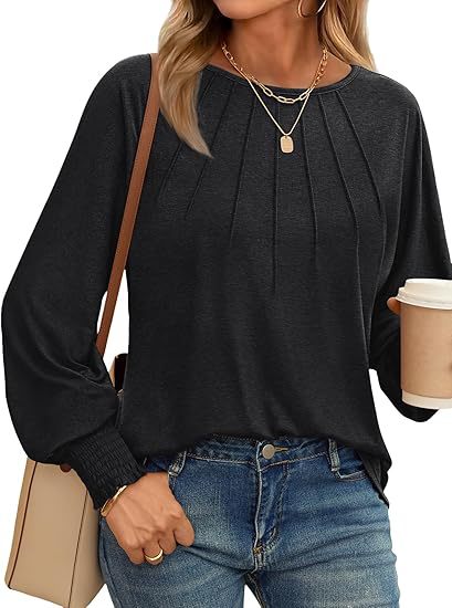 Women's Pleated Crew Neck Lantern Sleeve Oversized Pullover