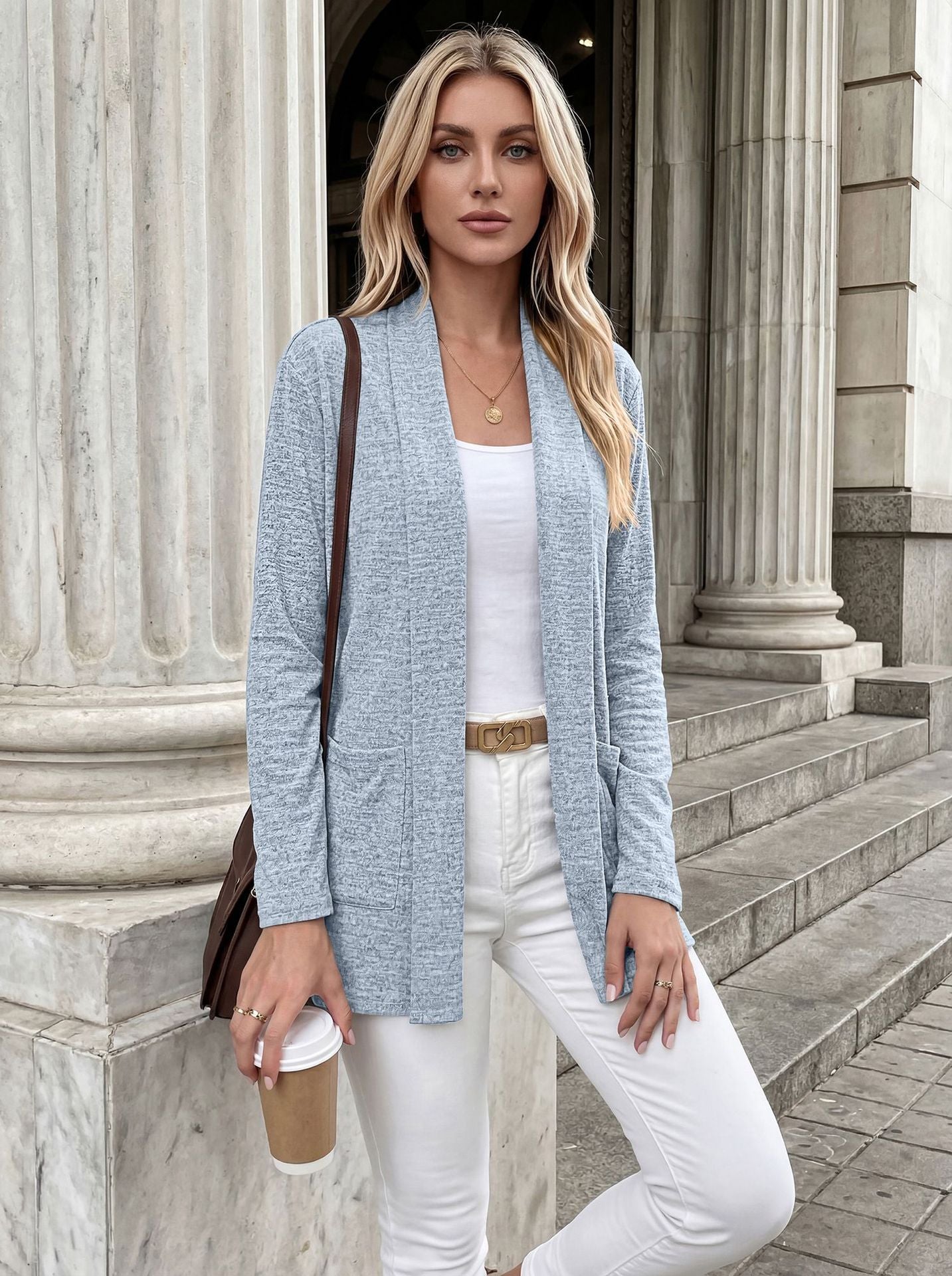 Open Front Pocket Long Sleeve Cardigan